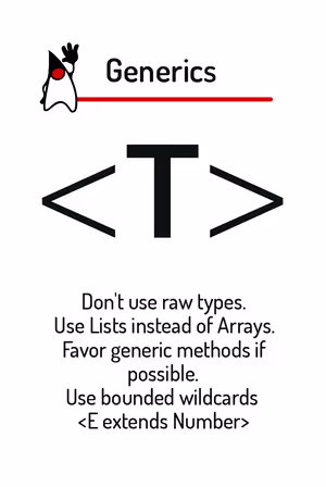 Don’t use raw types. Use Lists instead of Arrays. Favor generic methods if possible. Use bounded wildcards <E extends Number>