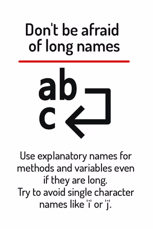 Use explanatory names for methods and variables even if they are long. Try to avoid single character names like 'i' or 'j'.